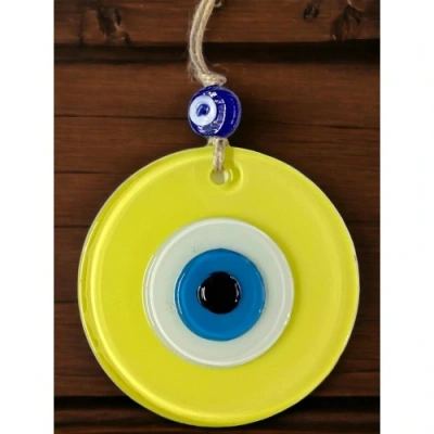 HERŞEYTREND Mini Boy Sarı Nazar Boncuklu Duvar Süsü 10 Cm Cam Duvar Dekoru