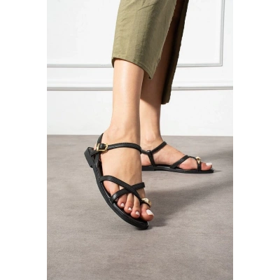 Nordi Siyah Cilt Kemerli Sandalet