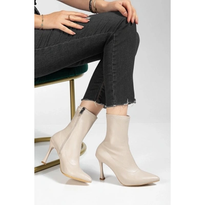 HERŞEYTREND Orjen Bej Cilt Streç Topuklu Bot
