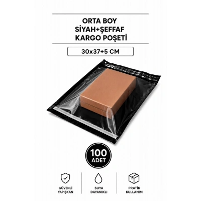 Orta Boy Siyah Şeffaf Kargo Poşeti 30x37+5 Cm 100 Adet