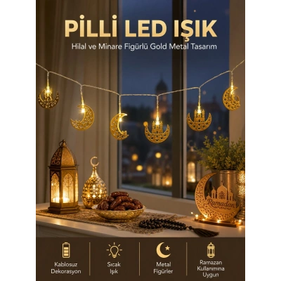 Pilli Minareli Hilal LED Işık Gold Metal Ramazan Dekorasyonu