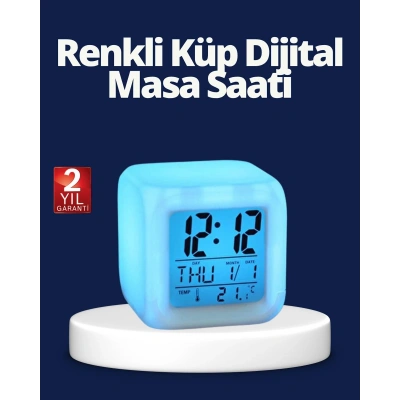 Renk Değiştiren LED Alarmlı Dijital Küp Masa Saati