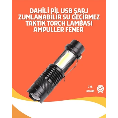 Şarjlı LED El Feneri - 14500 Pil Dahil, 4 Işık Modu, Mini Boy