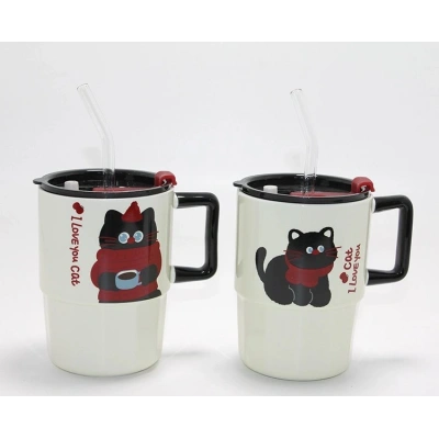 Sevimli Şaşkın Kedi Figürlü Pipetli Kapaklı Porselen Kupa Bardak Alk5042