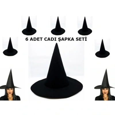 HERŞEYTREND Siyah Cadı Şapkası Keçe Yetişkin Boy 6 Adet