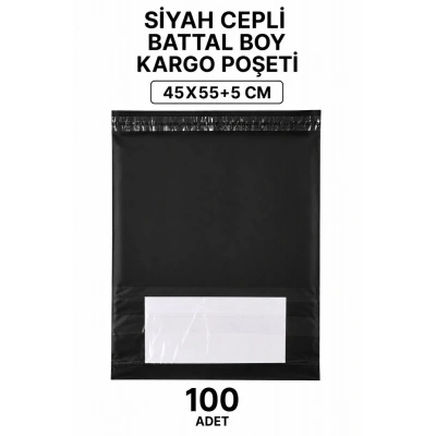 Siyah Cepli Battal Boy Kargo Poşeti 45x55+5 Cm 100 Adet