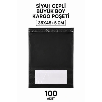 Siyah Cepli Büyük Boy Kargo Poşeti 35x45+5 Cm 100 Adet