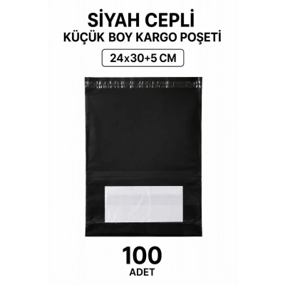 Siyah Cepli Küçük Boy Kargo Poşeti 24x30+5 Cm 100 Adet