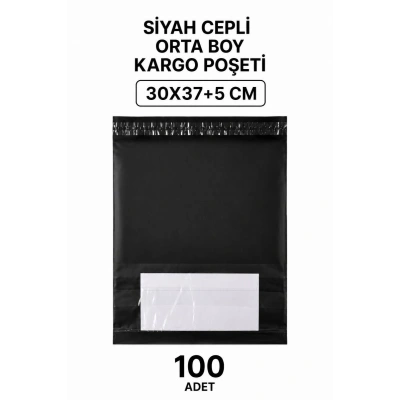 Siyah Cepli Orta Boy Kargo Poşeti 30x37+5 Cm 100 Adet