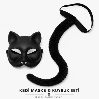 Siyah Kedi Maskesi Ve Peluş Kuyruk Kostüm Seti 70 Cm