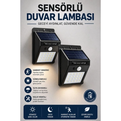 Solar Sensörlü Duvar Lambası Bahçe Lamba 20 Led Işık