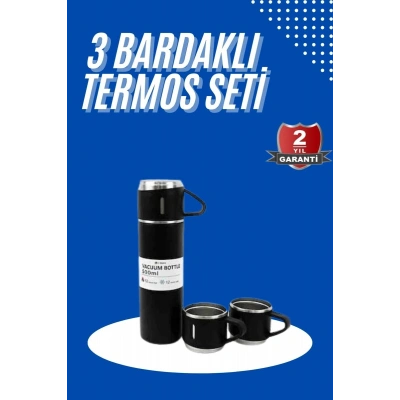 Termos Seti 3lü Bardak Seti Isı Dayanıklı Siyah Paslanmaz Çelik Vakumlu