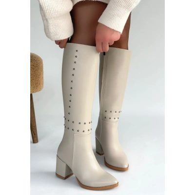 HERŞEYTREND Tiyan Bej Cilt Topuklu Çizme