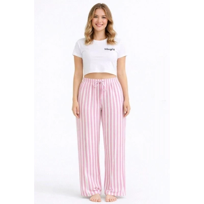 Viskon Pamuklu Kadın Pudra Pembe Çizgili Pijama Pantolon - MG004 - Mudanis