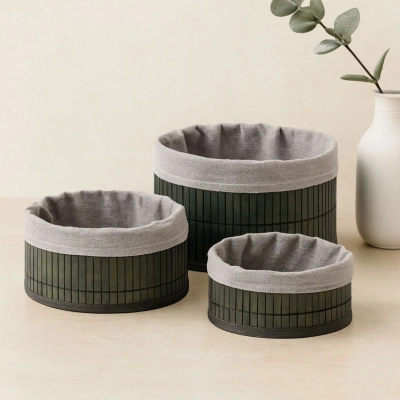Yuvarlak Bambu Kenarlı Organizer Sepet (Gri, Ahşap Tabanlı)
