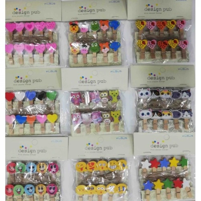 HERŞEYTREND Şekilli Renkli Ahşap Mandal Seti (10lu Paket)