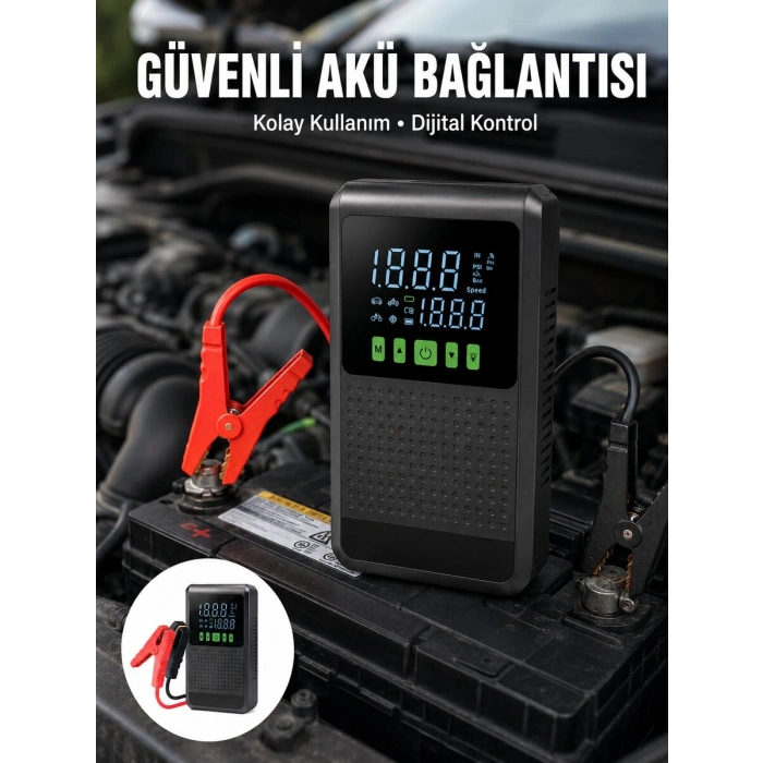 12.000 mAh Şarjlı Araç Akü Takviye ve Işıklı Hava Kompresörü Yeni Nesil