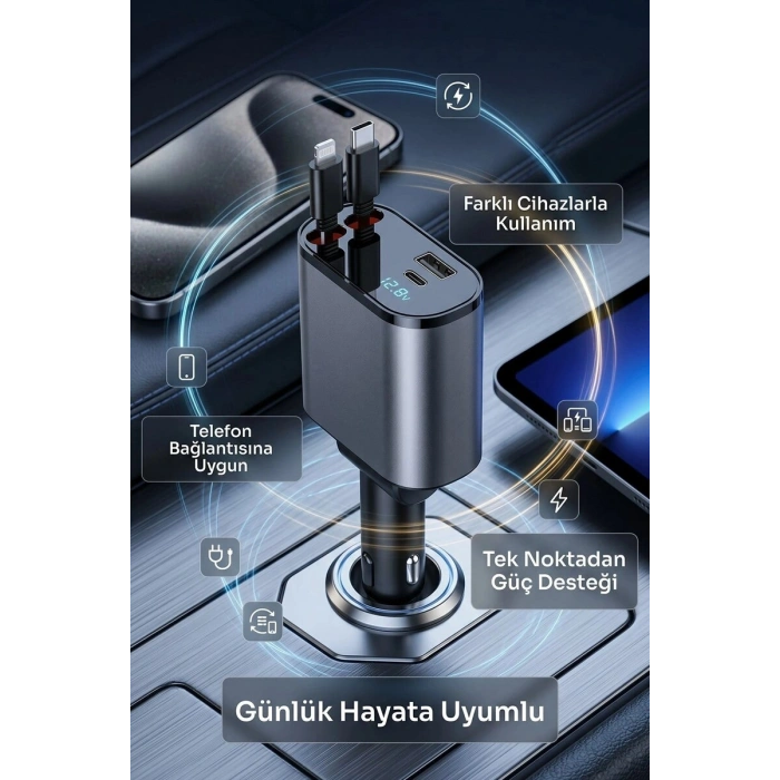 120w Hızlı Araç Şarj Cihazı | Çift Usb-c + Usb 3 Port Pd Hızlı Şarj Adaptörü