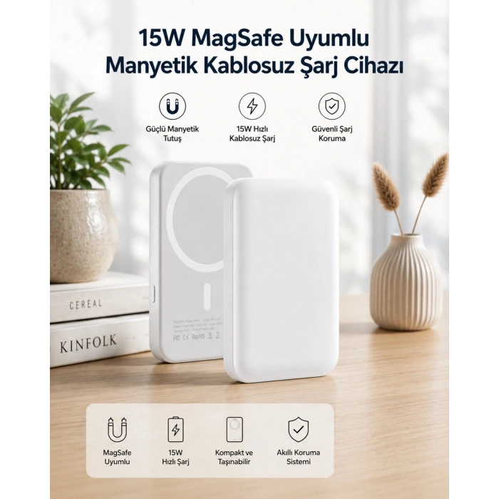 15W MagSafe Uyumlu Manyetik Kablosuz Powerbank 5000 mAh