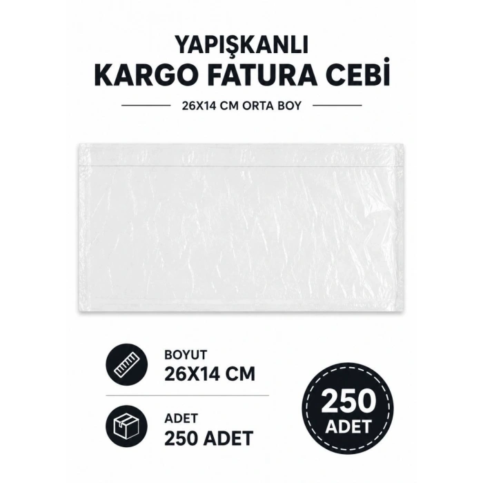 26x14 Cm Orta Boy Yapışkanlı Kargo Fatura Cebi 250 Adet