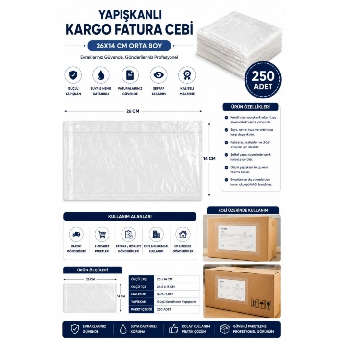 26x14 Cm Orta Boy Yapışkanlı Kargo Fatura Cebi 250 Adet