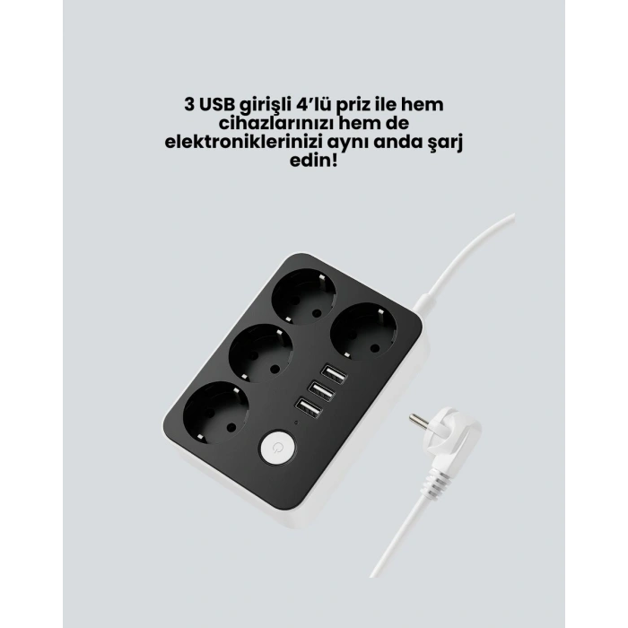 3 USB Çıkışlı 4’lü Akıllı Priz 2500W 2 Metre Kablo