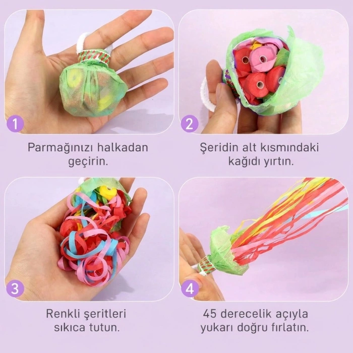 30 Şeritli Renkli Elle Atılan Konfeti – 5 Metre Uzayan Şerit Konfeti 1 Adet