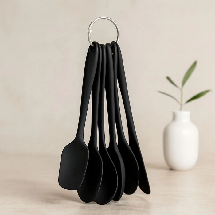 6 Parça Siyah Silikon Mutfak Seti (2 Kaşık, 3 Spatula, Yumurta Fırça)