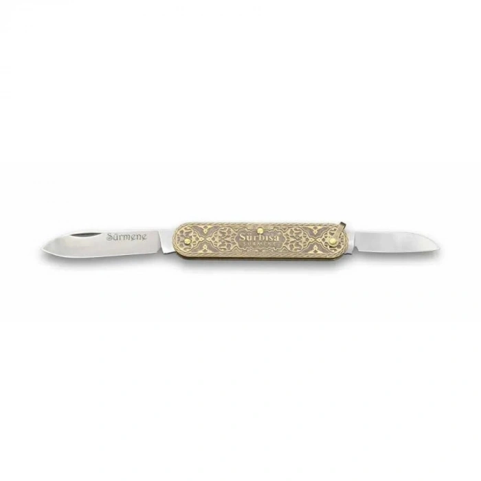 61804 Pirinç İşlemeli Sürmene Çakısı 5,5 / 3,5 Cm - Çift Bıçaklı