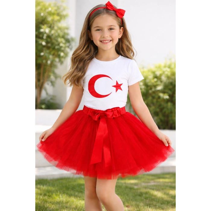 Kız Çocuk 23 Nisan Gösteri Kıyafeti Ay-Yıldız Kısa Kol Beyaz T-shirt ve Tütü Etek Takım