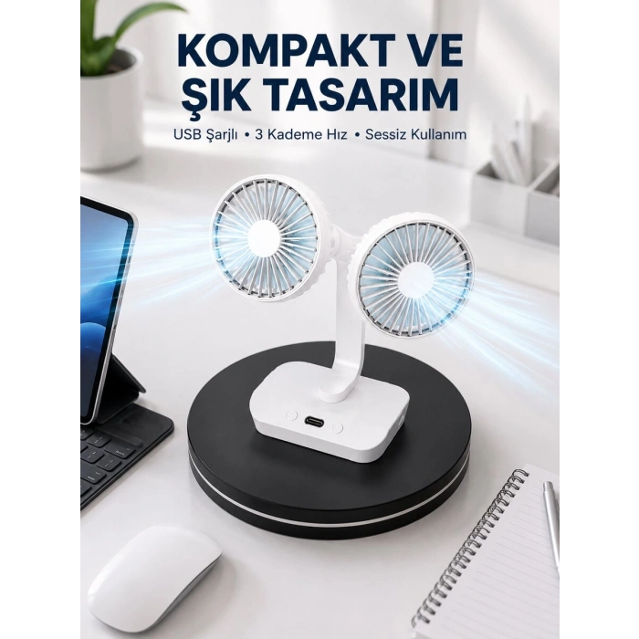 720° Döner Çift Taraflı Masaüstü Vantilatör – USB Şarjlı Sessiz Fan