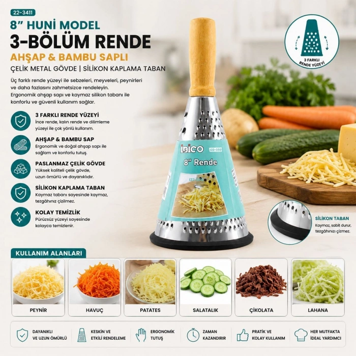 8 Ahşap & Bambu Saplı Çelik Rende (Silikon Taban, 3 Bölümlü)
