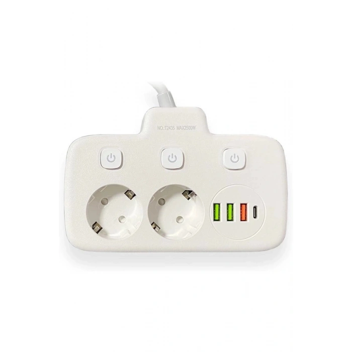Akım Korumalı 2’li Ayrı Anahtarlı Priz, 2x Priz, 3x Usb, 1x Type-c, 2 Mt Kablo, Hızlı Şarj