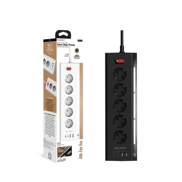 Akım Korumalı 5’li Priz 2xusb 2xtype-c Çıkış Dokunmatik Işıklı Akım Koruma Çoklu Priz Çoğaltıcı Siyah