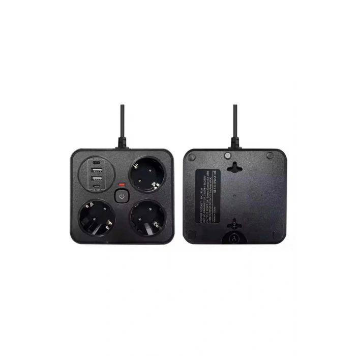 Akım Korumalı Anahtarlı Priz - 3x Priz - 2x Usb - 2x Type-c - 2 Mt Kablo Hızlı Şarj Özellikli Siyah