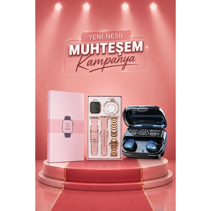 Aksesuar Hediyeli Akıllı Saat ve Dijital Göstergeli Powerbankli Bluetooth Kulaklık