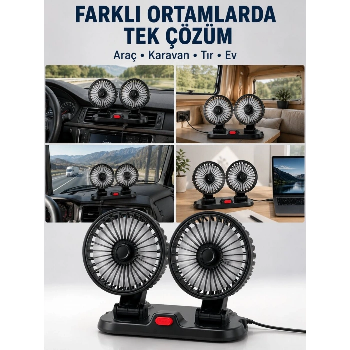 Araç, Karavan ve Tır İçin Çift Fanlı Mini Vantilatör