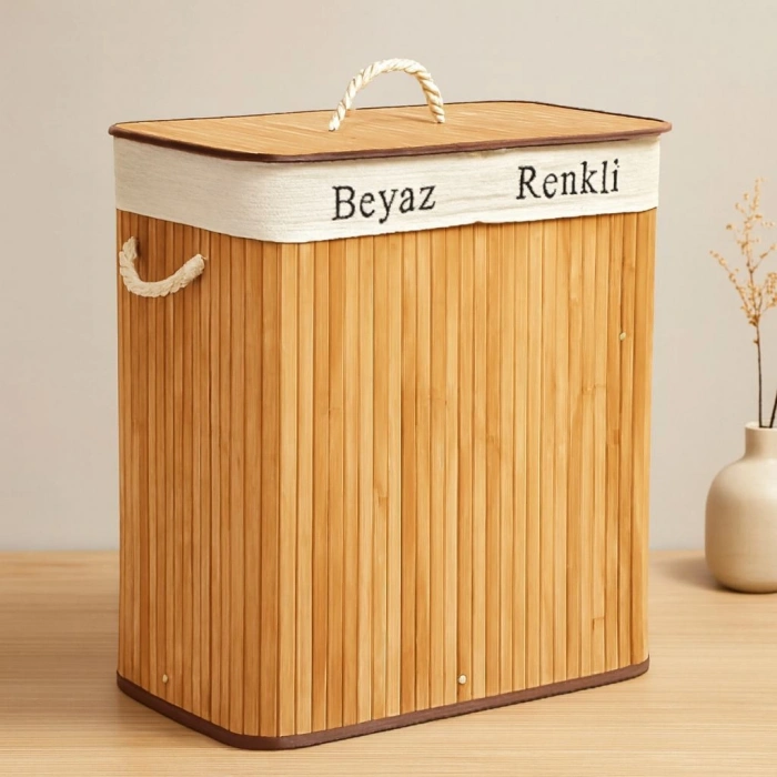 Bambu Ahşap 2 Bölmeli Çamaşır Sepeti 52x32x62 cm