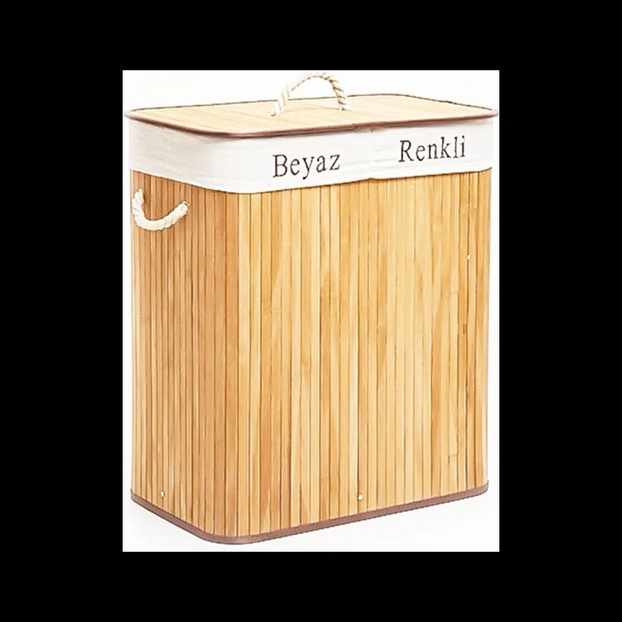 Bambu Ahşap 2 Bölmeli Çamaşır Sepeti 52x32x62 cm