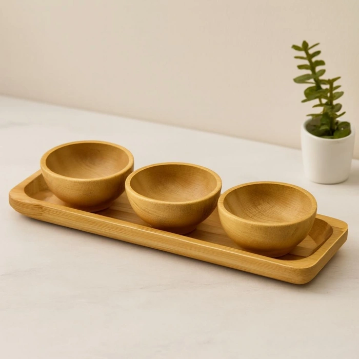 Bambu Lokumluk ve Çerezlik Seti 3lü Sunum Tepsili (6 cm)