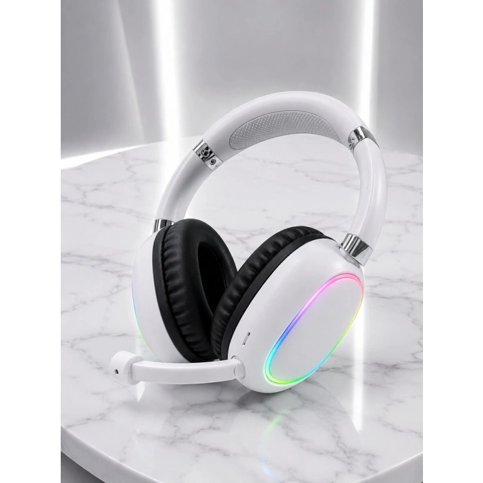 Beyaz Bluetooth 5.0 Mikrofonlu Kablosuz Kulak Üstü Kulaklık RGB Işıklı Type-C Şarjlı