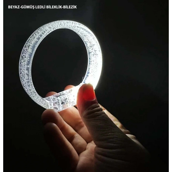 Beyaz-gümüş Led Işıklı Baskı Yapılabilen Pilli Bileklik Bilezik 1,5 Cm Genişlik
