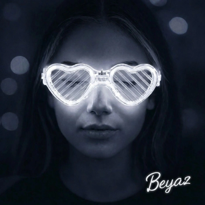 Beyaz Led Işıklı Kalp Gözlük – 3 Modlu Parti  Glow Gözlüğü