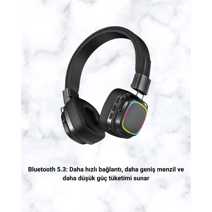 Bluetooth 5.3 Rainbow Işıklı Kulak Üstü Kablosuz Kulaklık Yeni Nesil