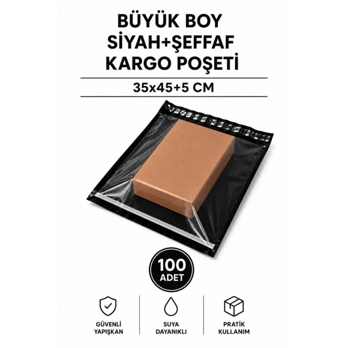 Büyük Boy Siyah Şeffaf Kargo Poşeti 35x45+5 Cm 100 Adet