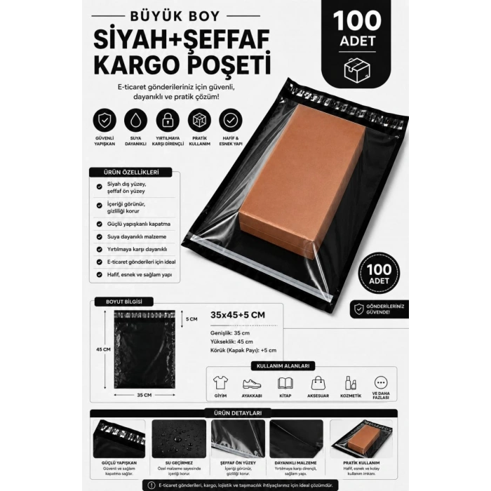 Büyük Boy Siyah Şeffaf Kargo Poşeti 35x45+5 Cm 100 Adet