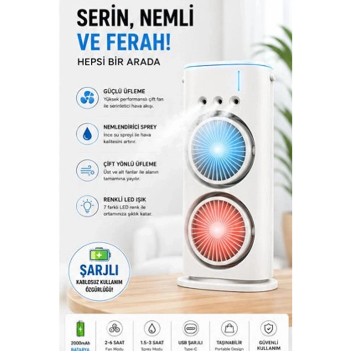 Çift Başlıklı Sprey Fan Nemlendirici Ve Renkli Led Işıklı Beyaz
