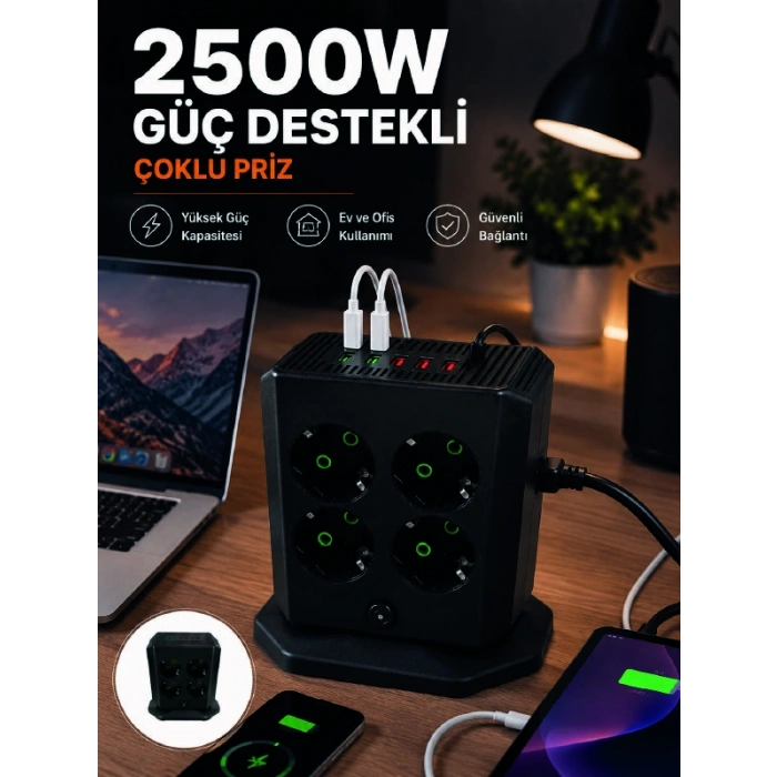 Çoklu Priz 8 Çıkışlı 4 USB 2 Type-C Anahtarlı Dikey Priz Kulesi