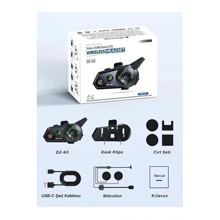 D2-6x 1000m Mesafeli 6 Kanallı İntercom Bluetooth Motosiklet Kask Kulaklığı İntercom Kulaklık