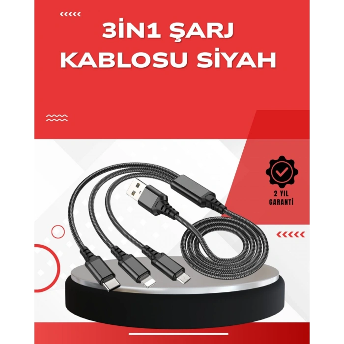 Dayanıklı Metal Başlıklı 3’ü 1 Arada Şarj Kablosu – Tüm Cihazlarla Uyumlu